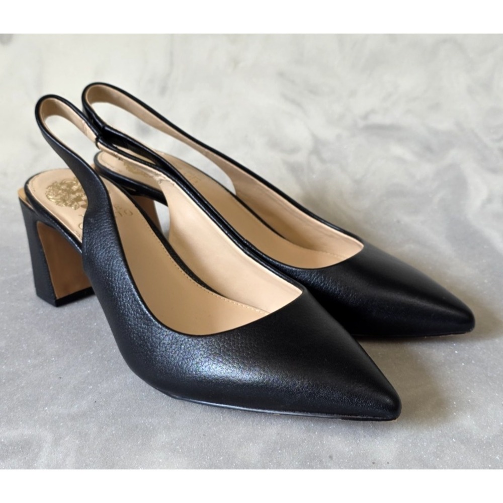 Vince Camuto Hamden Slingback Pumps Black Leather Block Heel Pointed Toe Sz 7.5 - Picture 4 of 16